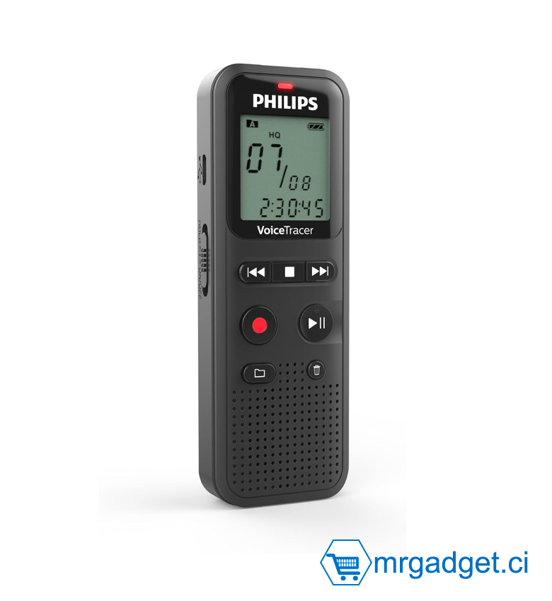 Philips DVT1160 - enregistreur Audio VoiceTracer / Dictaphone 8GB Stockage - Mono ADPM/PCM, Une Touche pour l’Enregistrement, 8 Go, USB Connexion au PC - Dictaphone