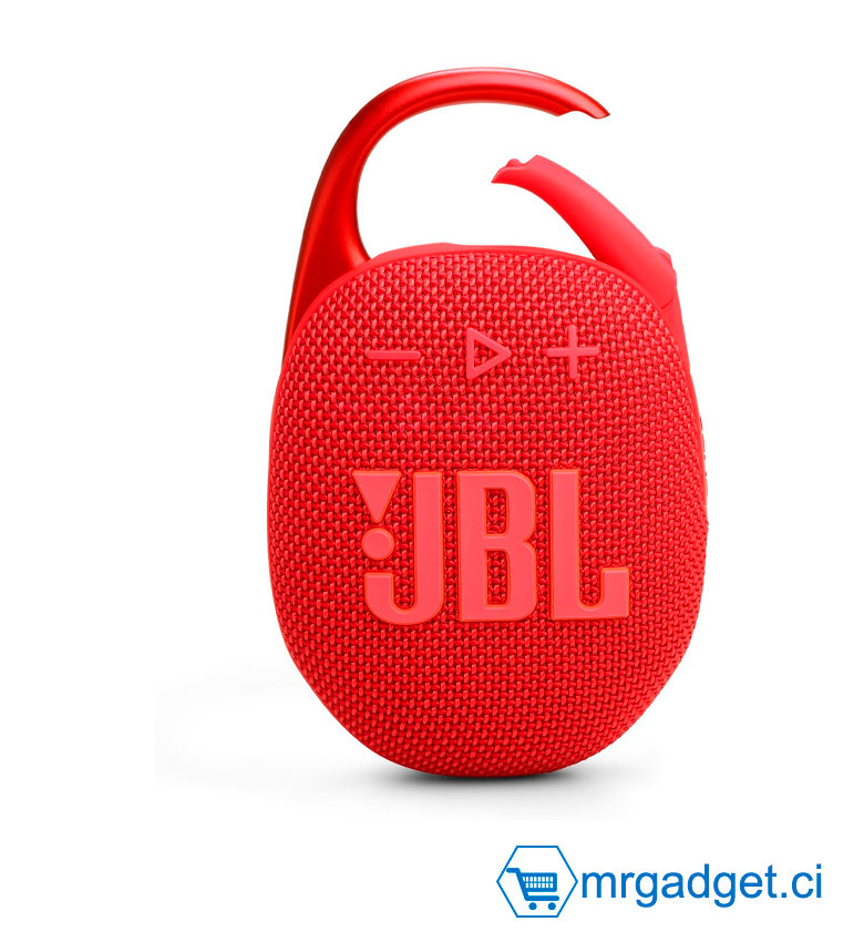 JBL Clip 5, Enceinte Bluetooth ultra-portable, mousqueton intégré, son JBL Pro, basses percutantes, 12 heures d'autonomie, fonction Playtime Boost, résistante à l'eau et à la poussière IP67, en rouge