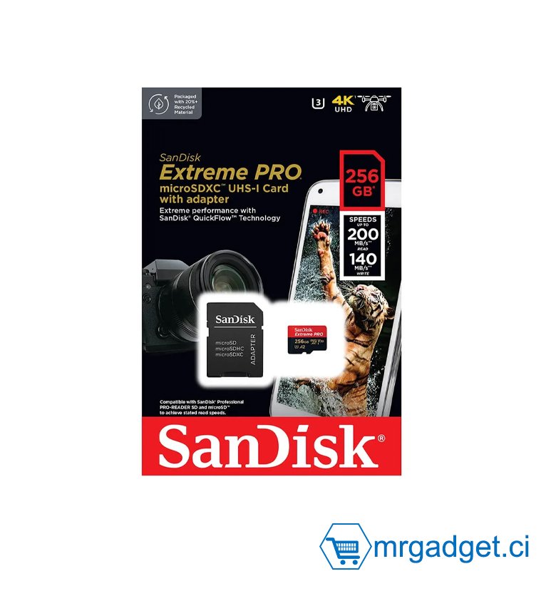 Carte Mémoire microSDXC SanDisk Extreme PRO 256 Go + Adaptateur SD avec Performances Applicatives A2 jusqu'à 200 Mo/s, Classe 10, U3, V30