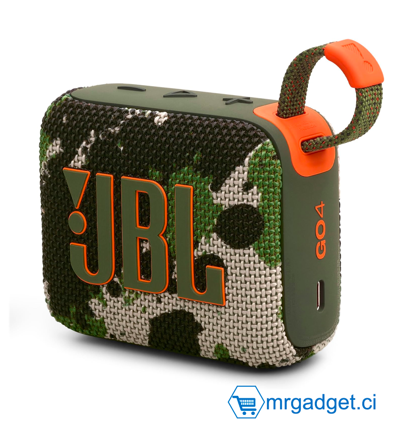 JBL GO 4, Enceinte Bluetooth Ultra-Portable, Son Pro, Basses percutantes, 7 Heures d'autonomie, Fonction Playtime Boost, résistante à l'eau et à la poussière IP67, Motif Camouflage