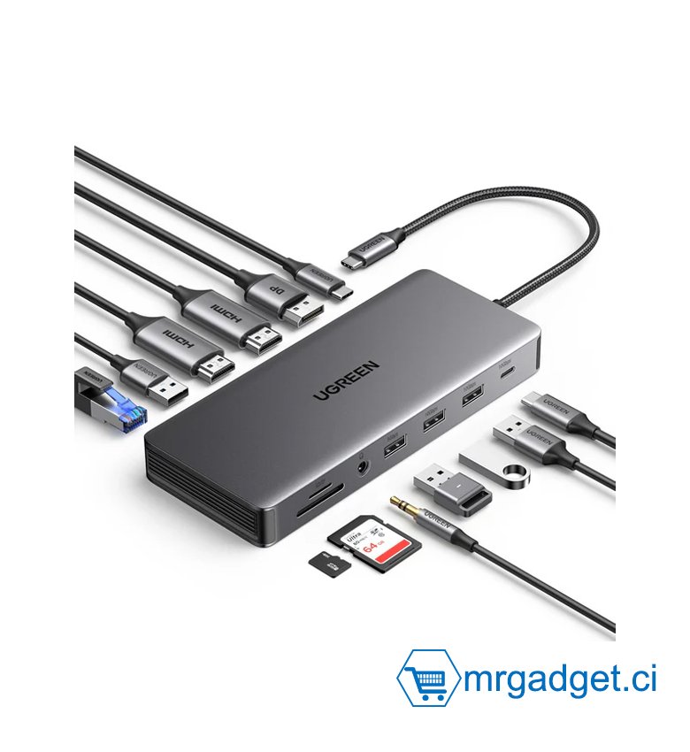 UGREEN CM681 15978 #10157  - Hub 13en 1 -  Adaptateur USB-C (Type C) vers HDMI 4K x 2, UBA 3.0 x2, USB 3.2 x2, RJ45 Gigabit x 1, Lecteur SD / Micro SD x 1, USB-C 3.2 x 1, USB-C Type C charge 100W