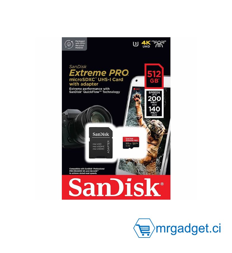 SanDisk Extreme PRO 512 Go Carte Mémoire microSDXC + Adaptateur SD avec Performances Applicatives A2 jusqu'à 200 Mo/s, Classe 10, U3, V30