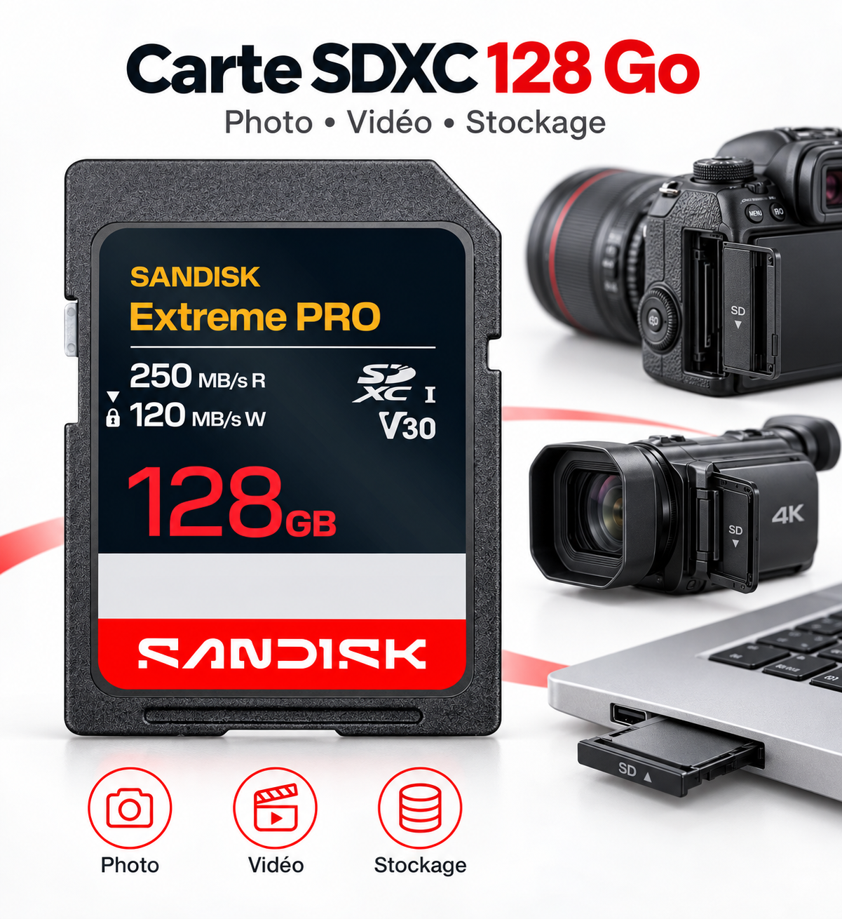 SanDisk Extreme PRO 128 Go - Carte SD SDXC + RescuePRO Deluxe, jusqu'à 250 Mo/s, UHS-I, Classe 10, U3, V30