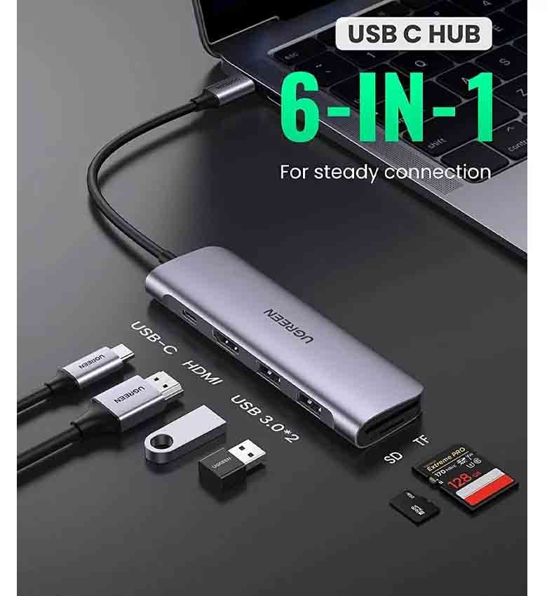 UGREEN CM195 70411 -  6 en 1 USB C Hub Multiports Type C Dock vers adaptateur HDMI Station d'accueil USB-C avec HDMI 4K, fente pour lecteur de carte SD TF, 2 ports USB 3.0 , 1 Port USB-C 1