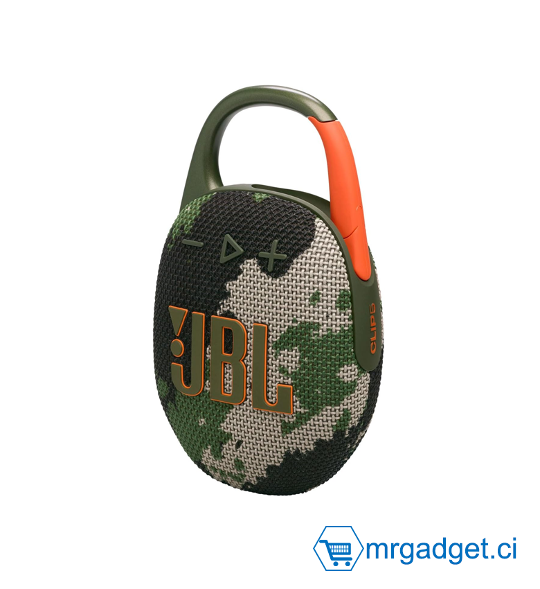 JBL Clip 5, Enceinte Bluetooth ultra-portable, mousqueton intégré, son JBL Pro, basses percutantes, 12 heures d'autonomie, fonction Playtime Boost, résistante à l'eau et à la poussière IP67 - Camouflage