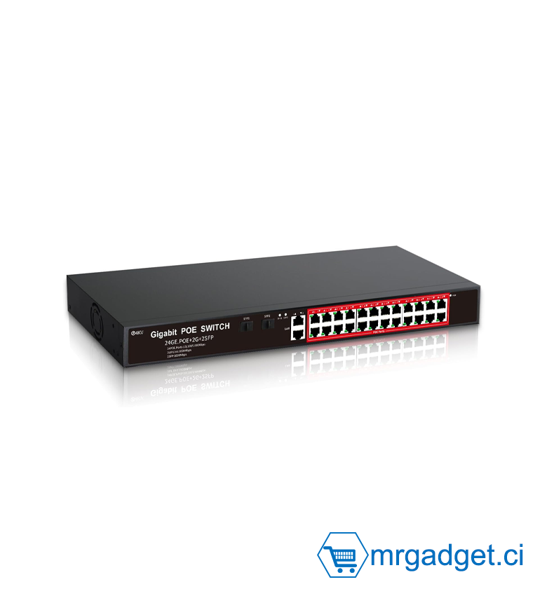 Switch PoE - Switch Commutateur  PoE+ 24 Ports Gigabit POE424G - 24x PoE 10/100/1000Mbps + 2 Uplink Gigabit + 2 SFP - Puissance 360W - 19" - Idéal pour Caméras IP, Bornes Wi-Fi & Téléphonie IP - Switch Réseau Haute Performance Professionnel