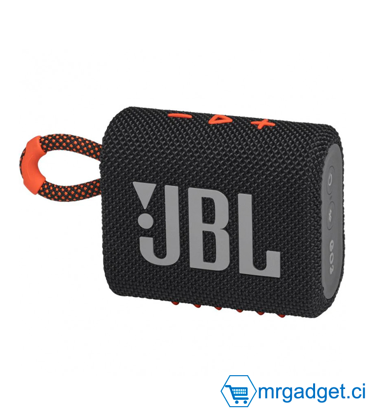JBL GO 3 – Enceinte Bluetooth portable et légère, aux basses intenses et au style audacieux – Étanche à l’eau et à la poussière – Autonomie 5 hrs – Noir/Orange