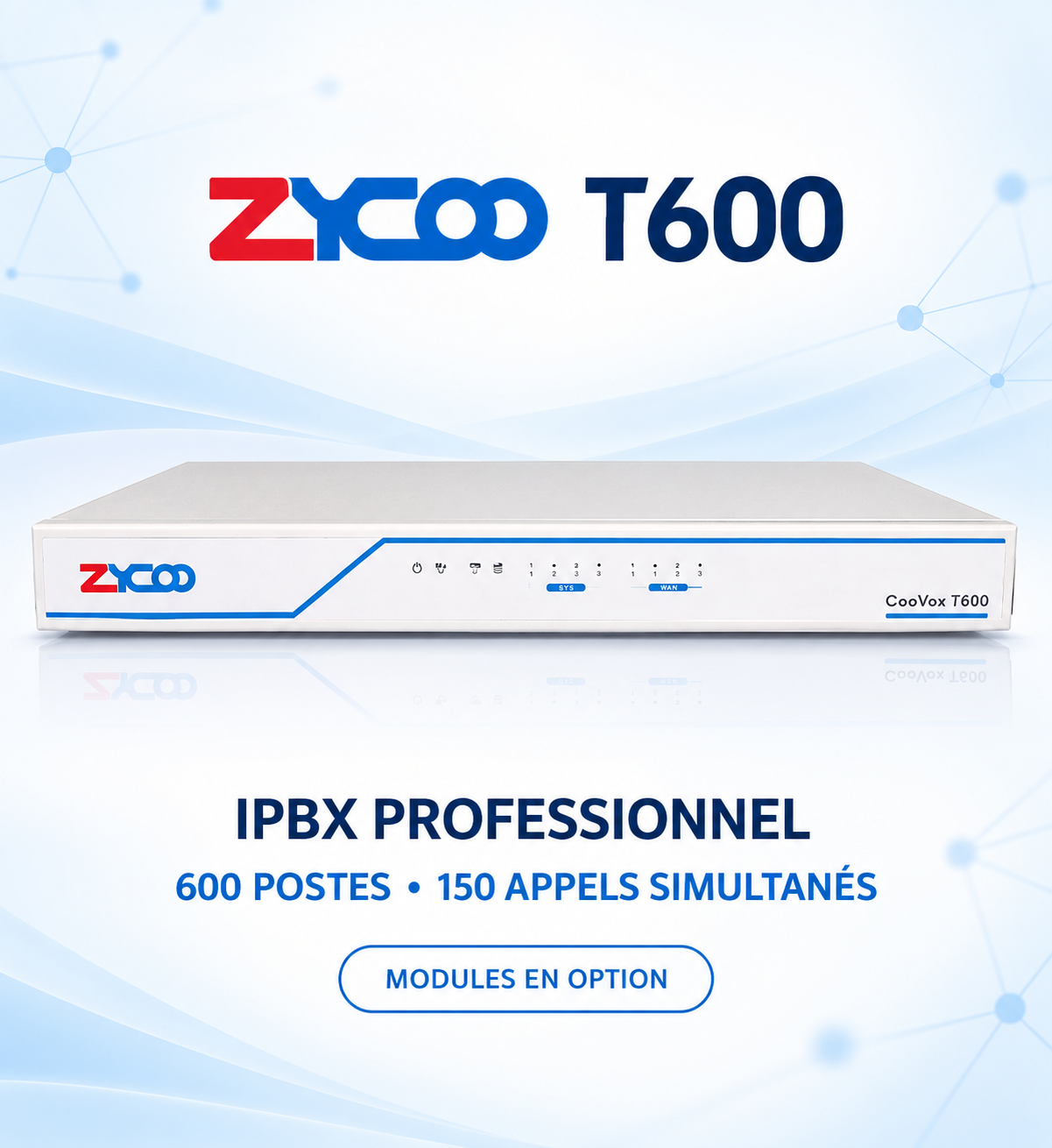 ZYCOO T600 – Autocommutateur Serveur VoIP IPBX, 600 Postes, 150 Appels Simultanés, Sans Module (Modules en Option)