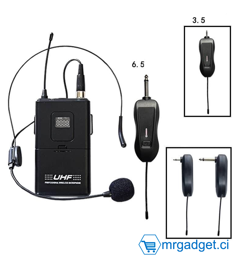 Search Microphone Cravate sans Fil - Micro Cravate - Micro Casque - émetteur/récepteur de ceinture avec connecteur Jack 3.5mm et 6.35mm - idéal pour les applications d'enseignement, de prédication et de prise de parole en public