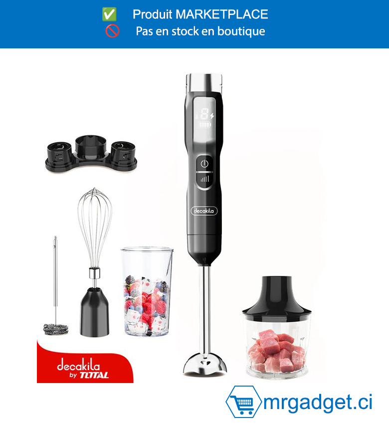 DECAKILA- KMJB055B-MIXEUR A MAIN SANS FIL  16V SANS BAT+SANS CHARG,  Ensemble 5 en 1 avec Tige de mélange d’arbre SUS  contrôle à 5 vitesses  Avec écran LED