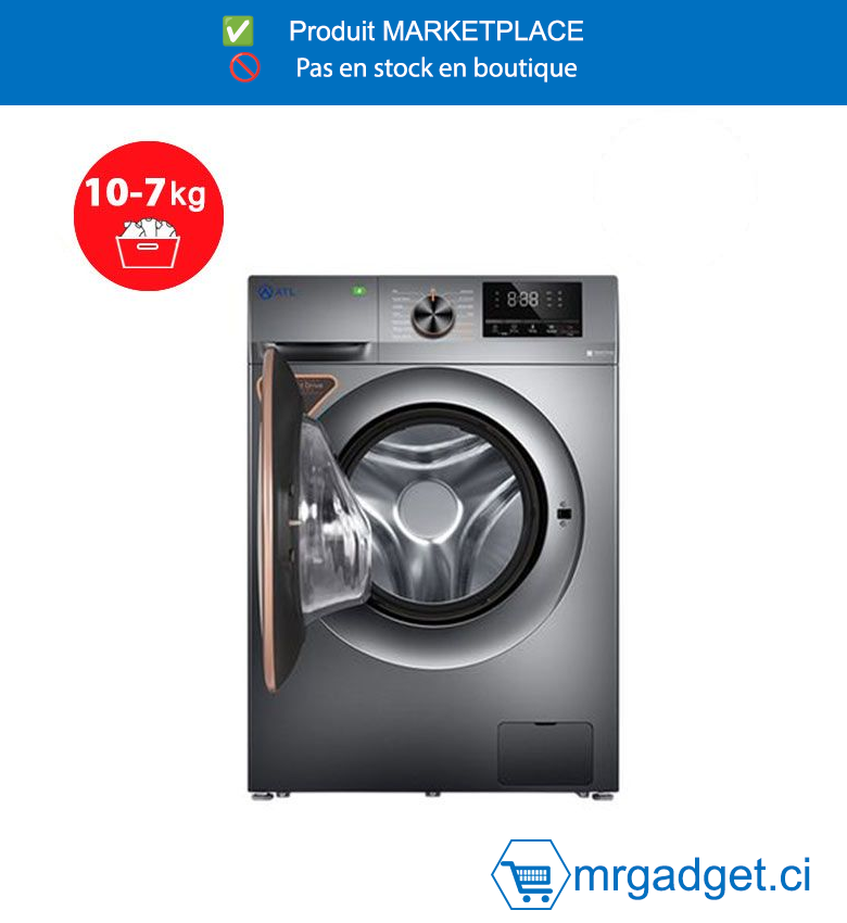 ATL-ATL107-N12312EHA07/S-INV-MACHINE A LAVER/SECHER ATL 10KG-7KG/ SILVER/ AUTOMATIQUE/ INVERTER/ ESS. 1400 T-MIN/ 220-240V/