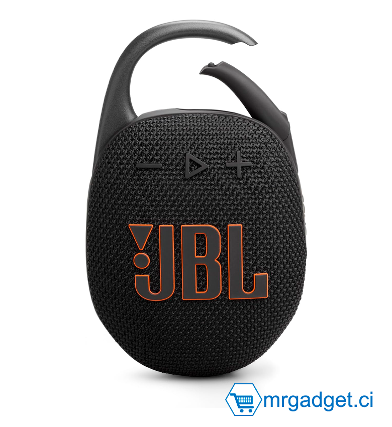 JBL Clip 5, Enceinte Bluetooth ultra-portable, mousqueton intégré, son JBL Pro, basses percutantes, 12 heures d'autonomie, fonction Playtime Boost, résistante à l'eau et à la poussière IP67, en noir