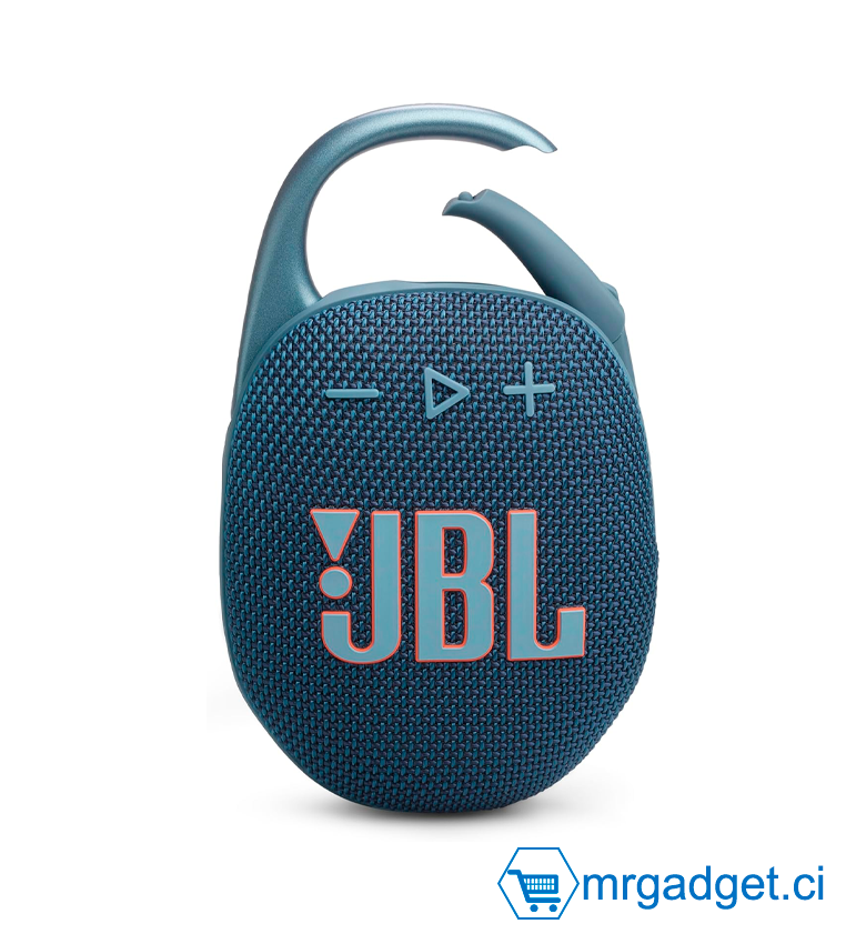 JBL Clip 5, Enceinte Bluetooth ultra-portable, mousqueton intégré, son JBL Pro, basses percutantes, 12 heures d'autonomie, fonction Playtime Boost, résistante à l'eau et à la poussière IP67, en bleu