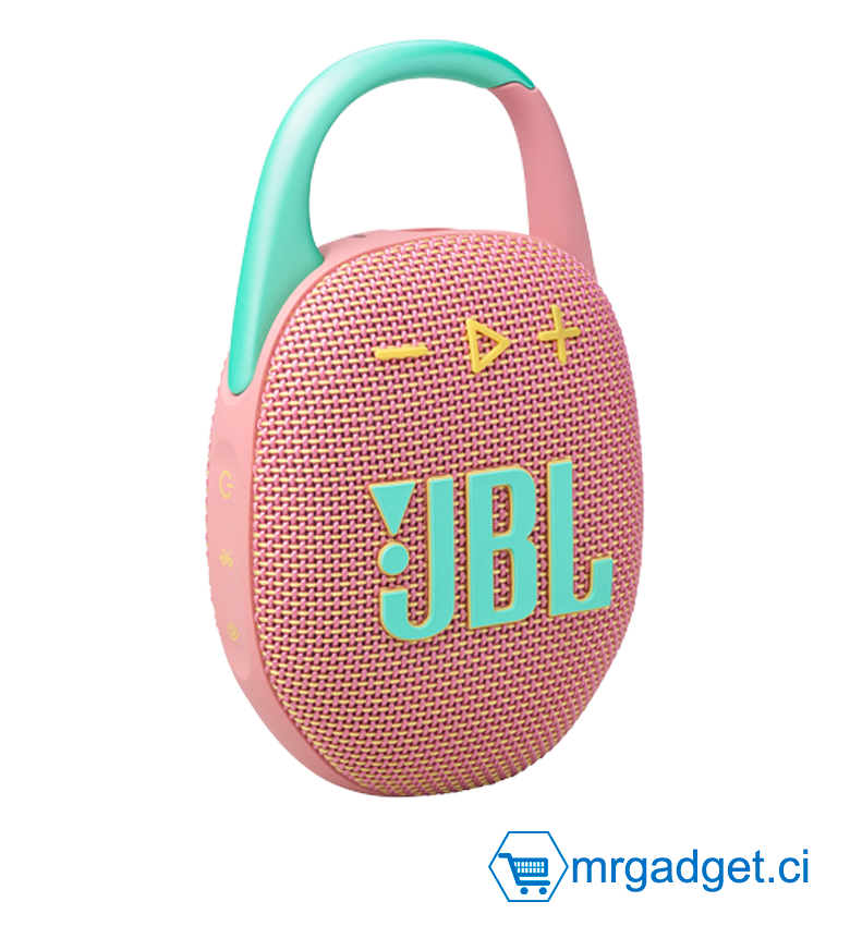 JBL Clip 5, Enceinte Bluetooth ultra-portable, mousqueton intégré, son JBL Pro, basses percutantes, 12 heures d'autonomie, fonction Playtime Boost, résistante à l'eau et à la poussière IP67, en Rose