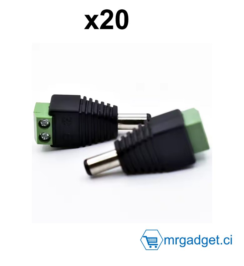 Lot de 20 fiches d'alimentation DC 5,5 mm x 2,1 mm mâle et femelle 12V, DC Connecteur Mâle , adaptateurs pour caméra de vidéosurveillance