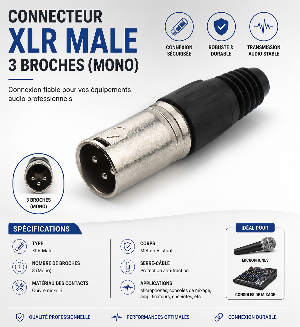 Connecteur XLR Mâle 3 Broches – Prise Audio Professionnelle pour Microphone et Sono