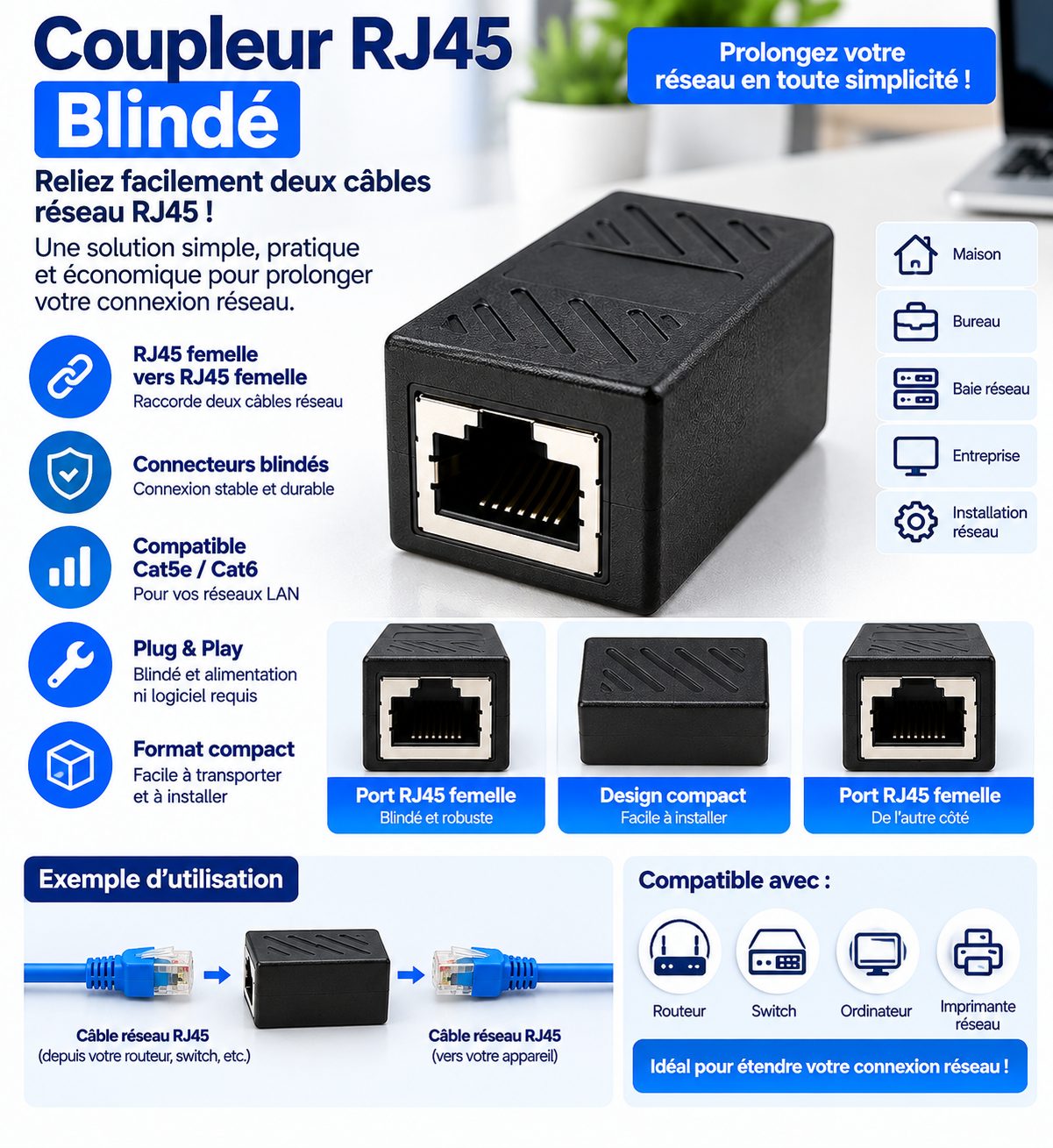 Coupleur RJ45 Femelle Femelle Blindé – Adaptateur Ethernet pour Rallonge Câble Réseau LAN Cat5e Cat6