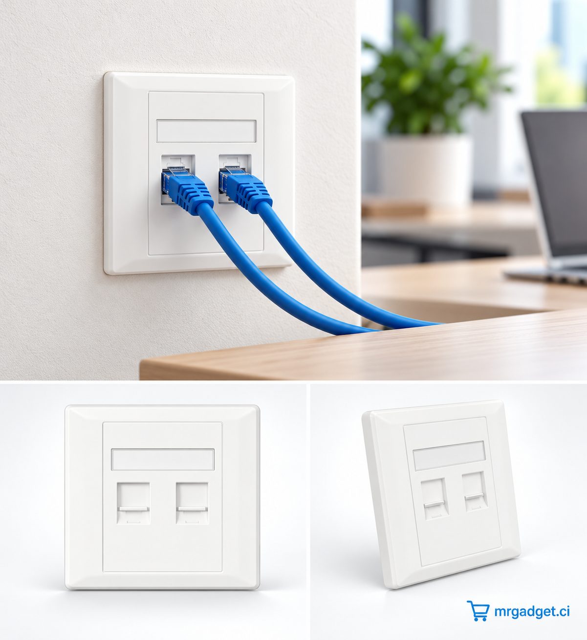 Plaque Murale RJ45 2 Ports Blanche – Façade Double pour Prise Réseau Ethernet – Modules Non Inclus