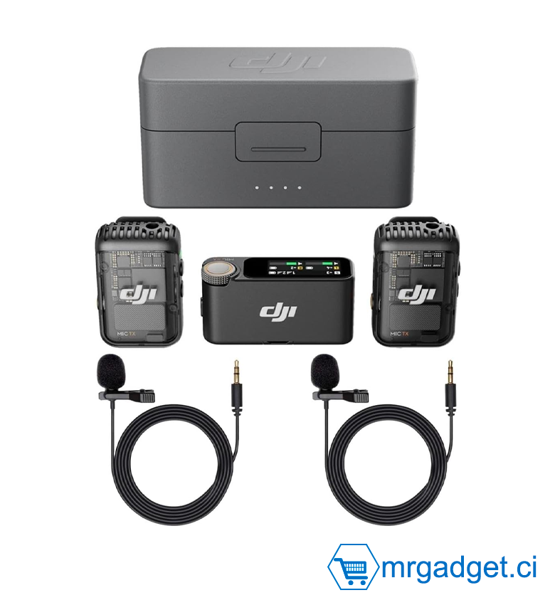 DJI Mic 2 (2 TX + 1 RX + étui de chargement), microphone sans fil tout-en-un, réduction intelligente du bruit, pour iPhone, Android, appareil photo avec 2 micros-cravates à condensateur omnidirectionnels Turnstile