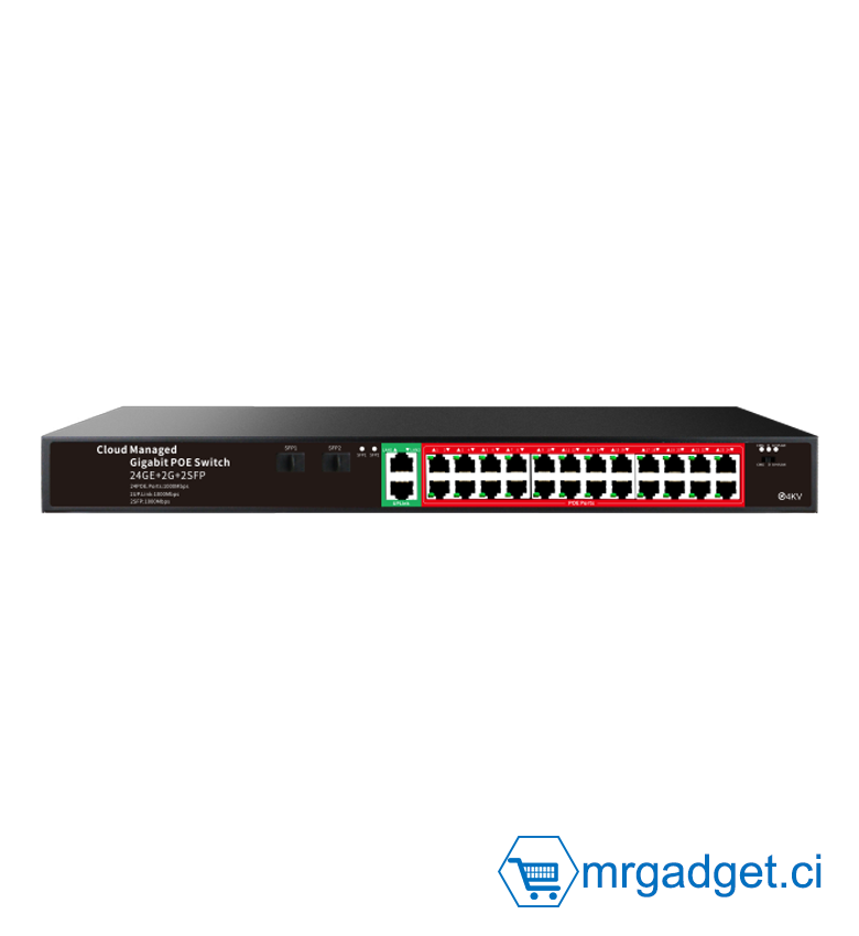 Switch - Switch Commutateur PoE+ 24 Ports Gigabit GPS424 - Cloud Managed - 24x GE PoE + 2 Uplink Gigabit + 2 SFP - Alimentation Haute Puissance - Idéal pour Vidéosurveillance IP Haute Résolution, Wi-Fi 6 & Réseaux Entreprise - Format Rackable 19"