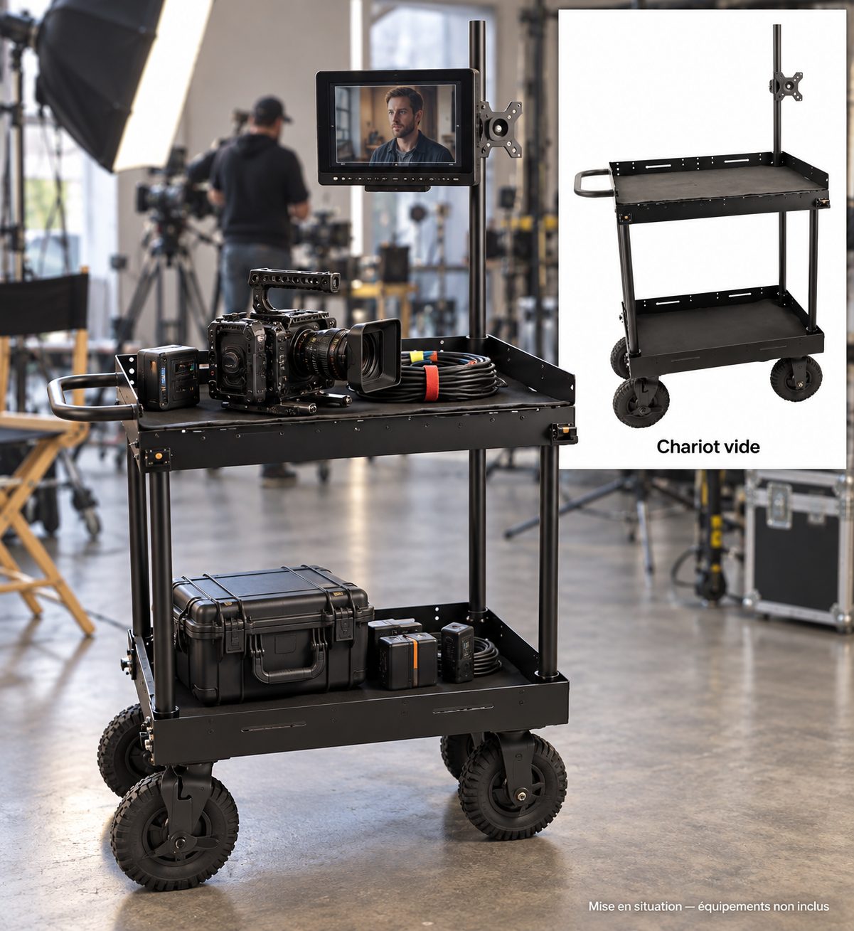 Chariot de Réalisateur pour Tournage – 2 Plateaux, Support Moniteur et Grandes Roues – Noir