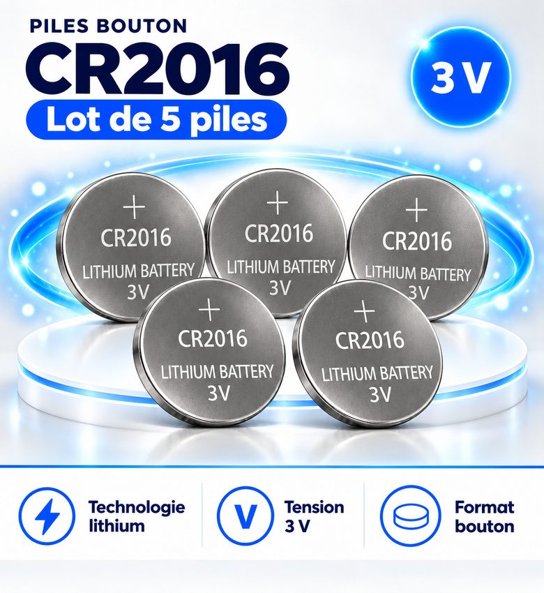 Pile bouton CR2016 lithium 3V – Lot de 5 piles pour montres, télécommandes et appareils électroniques