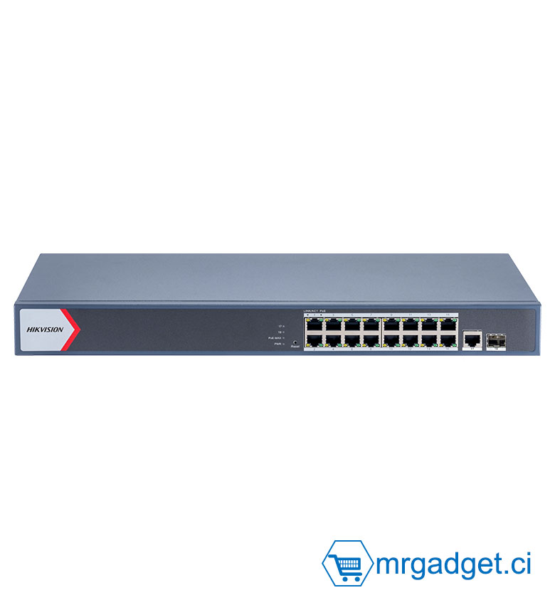 Hikvision DS-3E1518P-EI/M - Switch Smart Managed PoE Gigabit 18 Ports (16x PoE 130W + 2x Uplink Combo) - PoE Longue Portée 300m - Intégration Hik-Partner Pro - Protection Surtension 6kV - Idéal Vidéosurveillance IP & Réseau Pro