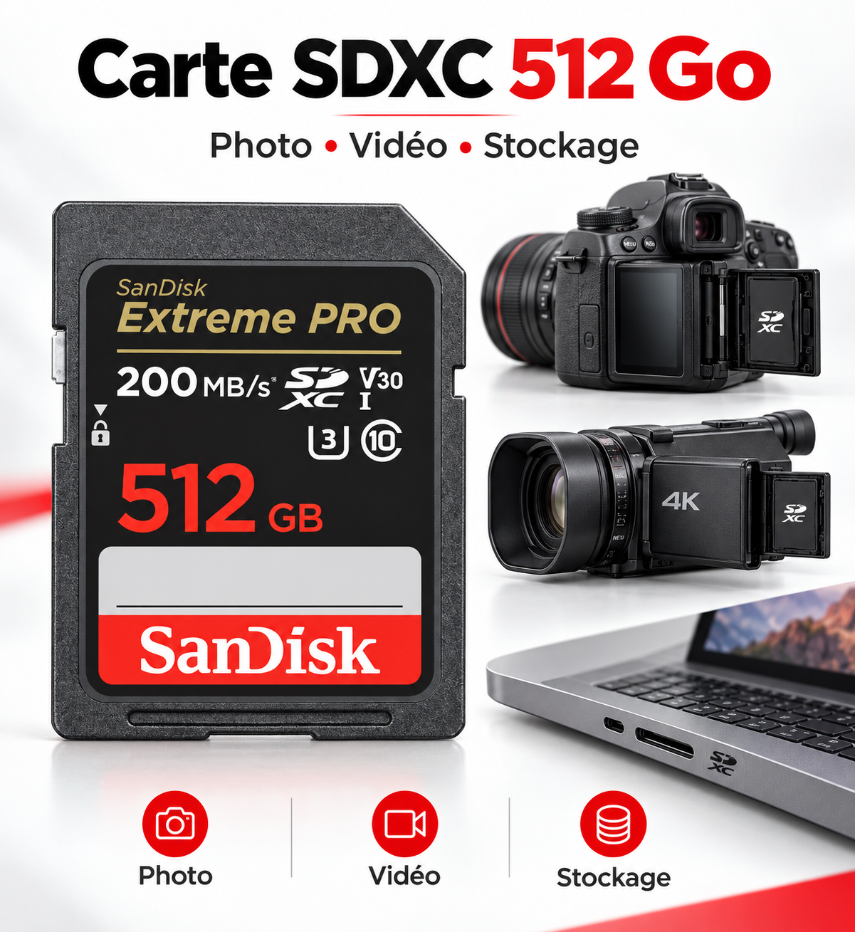 SanDisk Extreme PRO 512 Go - Carte SD SDXC, jusqu'à 200 Mo/s, UHS-I, Classe 10, U3, V30