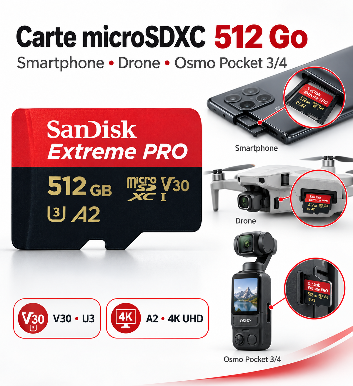 SanDisk Extreme PRO 512 Go - Carte microSDXC + Adaptateur SD, A2, jusqu'à 200 Mo/s, Classe 10, U3, V30