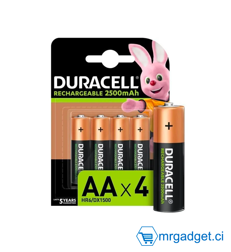Lot de 4 Piles DURACELL AA  2500mAH Rechargeables (Chargeur non inclus) - HR6-DX1500