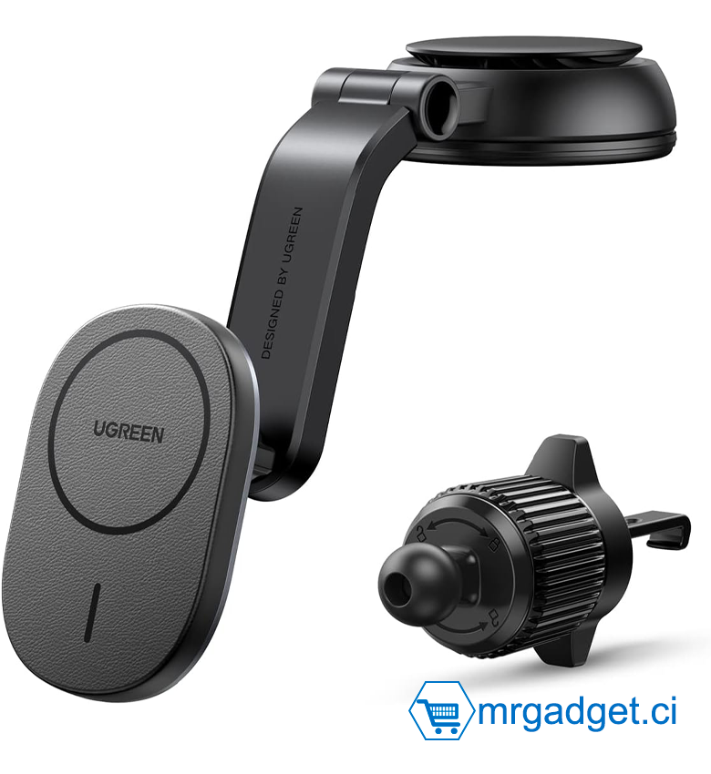 UGREEN CD345 15120 Support de chargeur de voiture magnétique sans fil, compatible avec iPhone série 15/14/13/12, 18 aimants N52 intégrés, aimants puissants 11N, chargeur de téléphone magnétique de voiture #10136