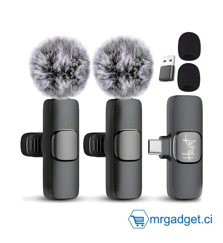 HOUMT - Microphone sans fil pour iPhone et Android - Compatible avec les séries Samsung s24 et iPhone 15 - Microphone Lavalier sans fil pour Android - Microphone USB C pour l'enregistrement vidéo Vlogging (2 en 1)