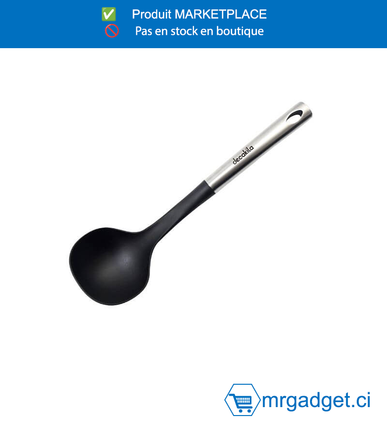 DECAKILA LOUCHE A POIGNEE - KMTT040B - Matériel : Nylon et acier inoxydable Taille : 32,5 * 9,5 * 7,5 cm Poids : 99 g Sans BPA Passe au lave-vaisselle Antiadhésif Poignée en acier inoxydable