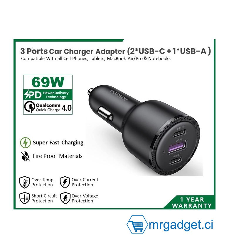 Chargeur de voiture rapide prix en fcfa - Ugreen - 24 W - Double USB -  Adaptateur de Prise de voiture