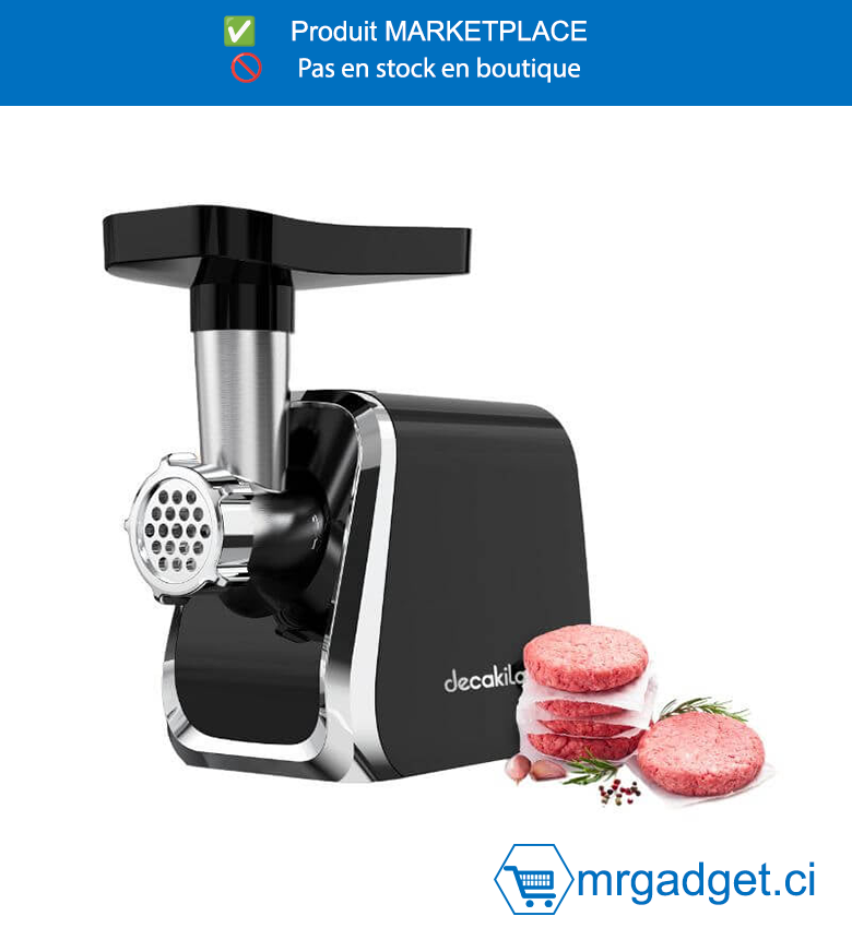 DECAKILA-KEMG021B-HACHOIR A VIANDE  1.5KG/MIN 300W NOIR/GRIS, Poussoir et plateau en plastique Avec 1 lame  Avec 1 plaque de 5 mm Avec 1 plaque de 7 mm  Avec 1 jeu de moules à saucisses Emballé par boîte de couleur