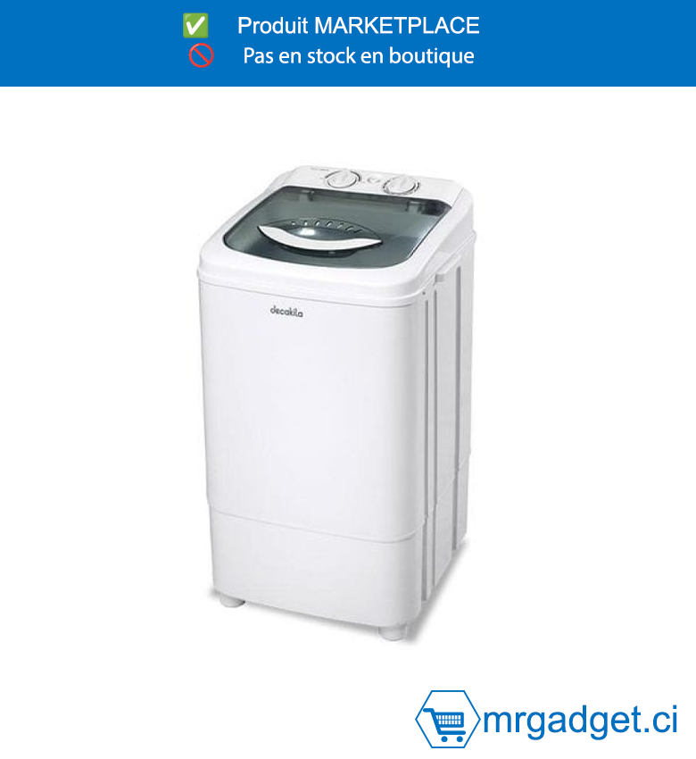 DECAKILA-KEDM004W- MACHINE A LAVER A UNE SEULE CUVE 7KG ,Capacité de lavage : 7kg  Puissance de lavage : 300W  Durée de lavage : 15 minutes  Taille du produit : 445*420*795mm  Avec 1 tuyau d'arrivée d'eau  Emballé dans une boîte en carton