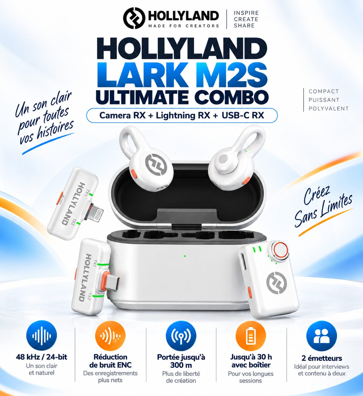 Hollyland LARK M2S Ultimate Combo Blanc – Micro Sans Fil 2 Personnes 48 kHz/24-bit, 3 RX Caméra, USB-C & Lightning