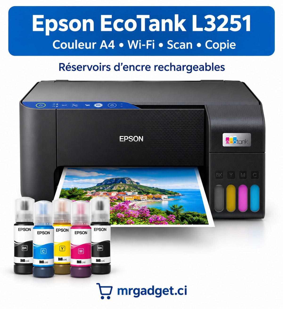 Epson EcoTank L3251 – Imprimante Multifonction Couleur A4 Wi-Fi à Réservoirs d’Encre Rechargeables, Scanner et Copie