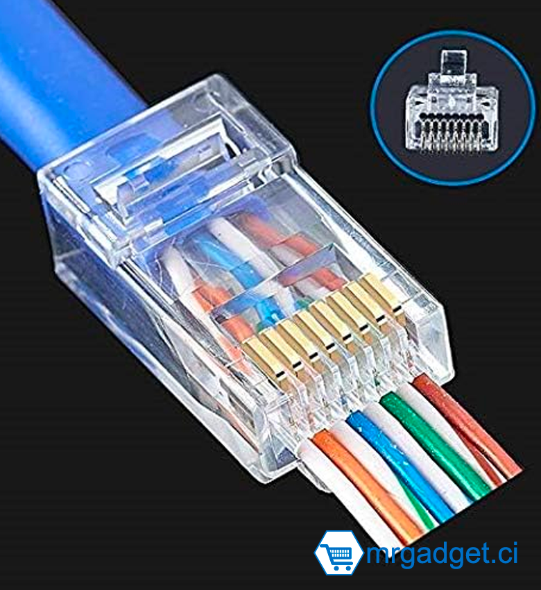 Connecteur RJ45 CAT6  Passe trou - facile à sertir -  Ethernet Plaqué Or Fiche Réseau pour CAT6 Option de câble,  lot de 100 pièces