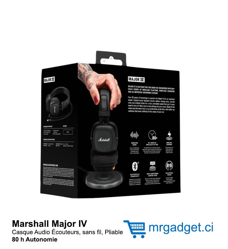 Marshall Major IV Bluetooth Casque Audio Écouteurs, sans fil, Pliable 80 h  Autonomie - Noir
