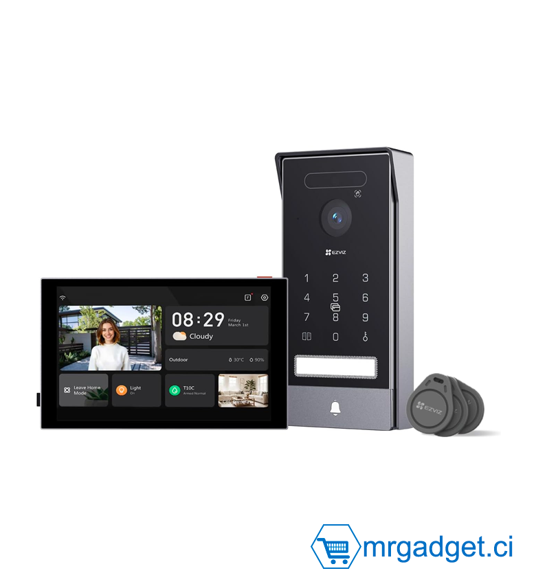 EZVIZ HP7 Pro  4K Visiophone Connecté Interphone Vidéo, 8 Pouces Moniteur Tactile, Reconnaissance Paume/Visage, Unlock à Distance, 2 Fils, Détection Humaine, Option RFID, Étanche, WiFi bi-Bande