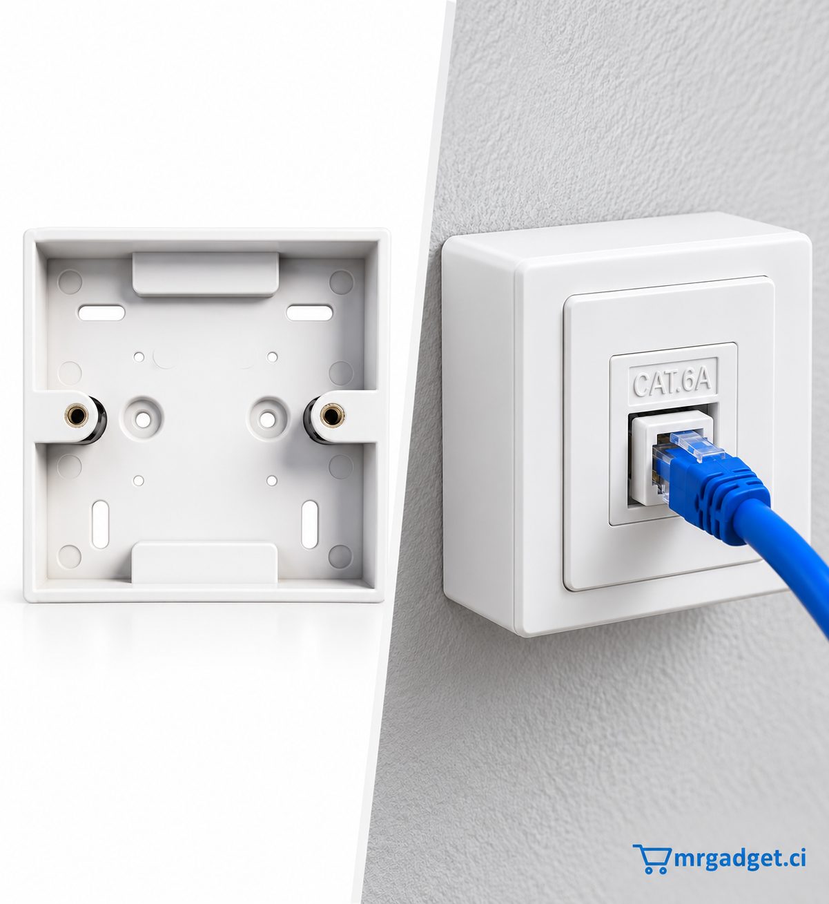 Boîtier de Montage Apparent pour Prise Réseau RJ45 Mural – Boîte PVC Carrée Blanche