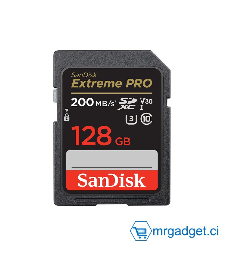 SanDisk - Carte Mémoire 128 Go Extreme PRO carte SDXC + RescuePRO Deluxe, jusqu'à 200 Mo/s, UHS-I, Classe 10, U3, V30