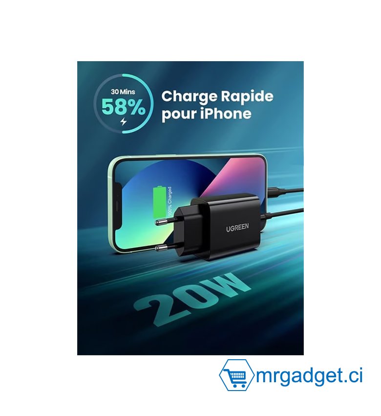 Bloc chargeur secteur rapide 20W + câble USB-C pour iPhone  14/13/12/11/PRO/MAX