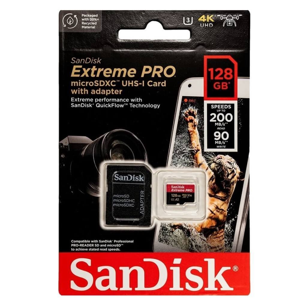 SanDisk Extreme PRO Carte Mémoire microSDXC 128 Go + Adaptateur SD avec Performances Applicatives A2 Jusqu'à 2000 Mo/s, Classe 10, U3, V30