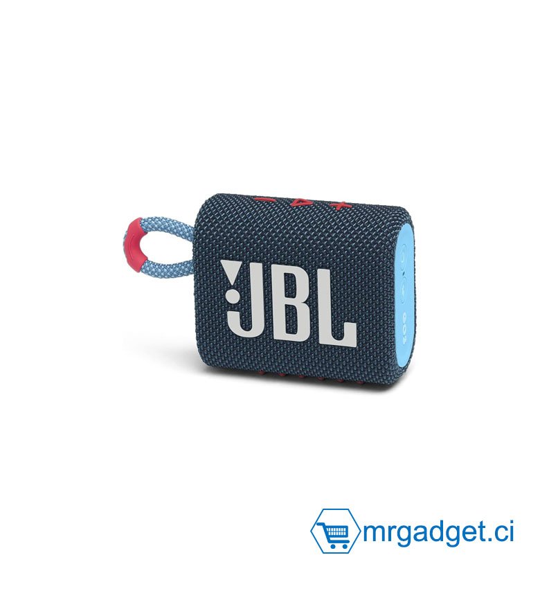 JBL GO 3 – Enceinte Bluetooth portable et légère, aux basses intenses et au style audacieux – Étanche à l’eau et à la poussière – Autonomie 5 hrs – BLEU Logo blanc