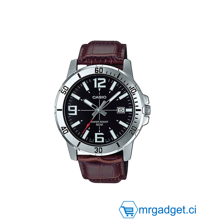 CASIO #CH23 MTP-VD01L-1BVUDF Montre Homme  en Acier Inoxydable Cadran Noir Affichage Analogique - Bracelet en Cuir marron – Affichage analogique – Résistant à l’eau