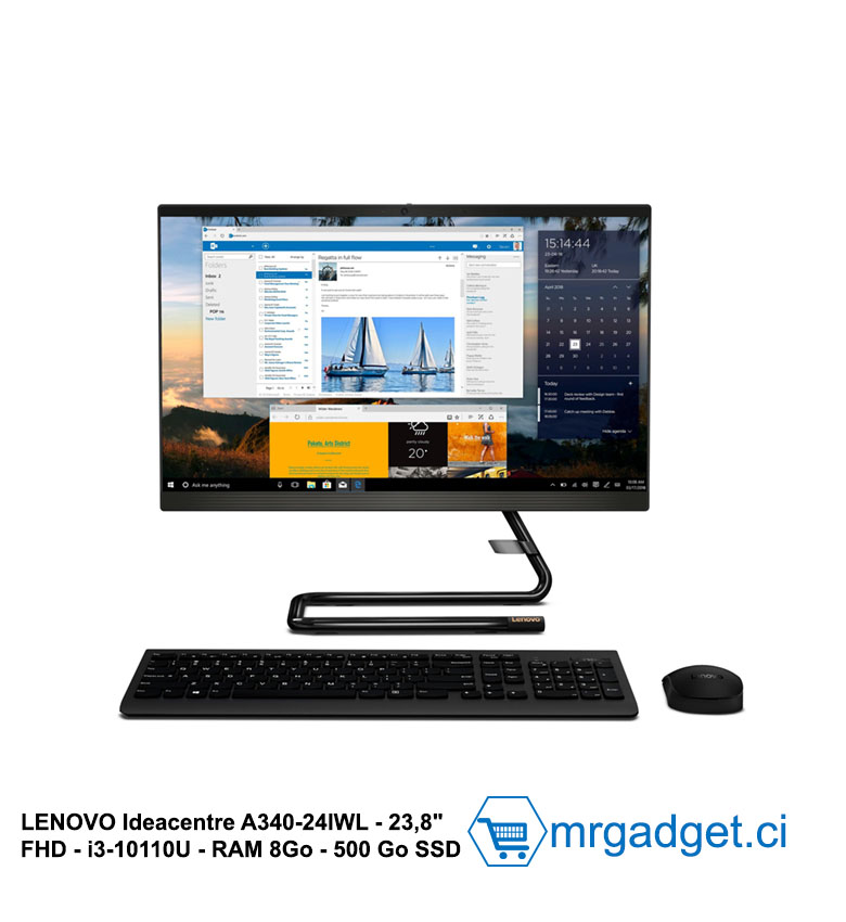 Lenovo IdeaCentre A340-24IWL Ordinateur Tout-en-Un 23,8" FHD - Intel Core i3-10110U, 8 Go RAM, 500 Go SSD, Windows 10, Clavier et Souris Inclus