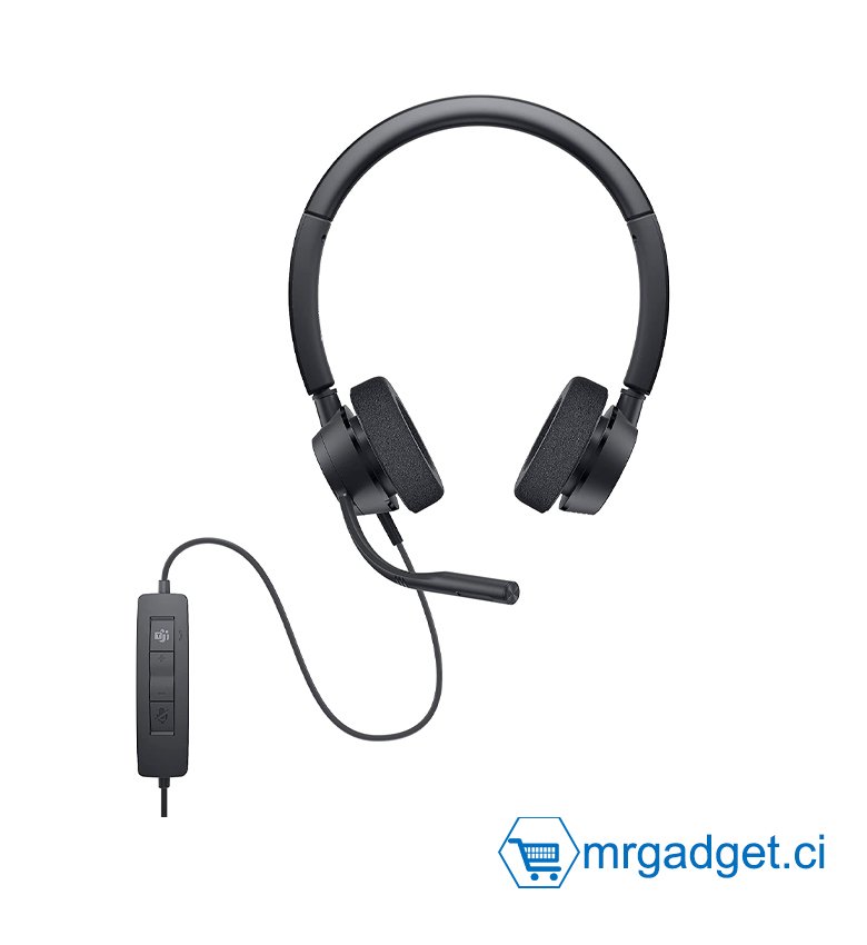 Dell Casque stéréo Pro WH3022, panneau de contrôle avec contrôle d'appel, micro perche, bandeau réglable, coussinets d'oreille, noir