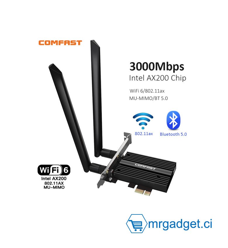 Carte Réseau Wi-Fi 6/ Bluetooth   Comfast CF-AX200 PRO 3000Mbps double bande 802.11ax Intel Wifi 6 AX200NGW M.2 sans fil Wlan adaptateur de carte Wi-Fi pour Intel BT5.0